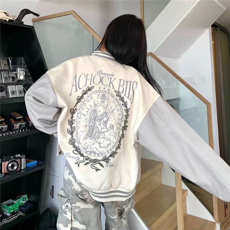 美式高街撞色字母印花棒球服外套女秋冬新款宽松休闲夹克情侣上衣,男装夹克,星座506A