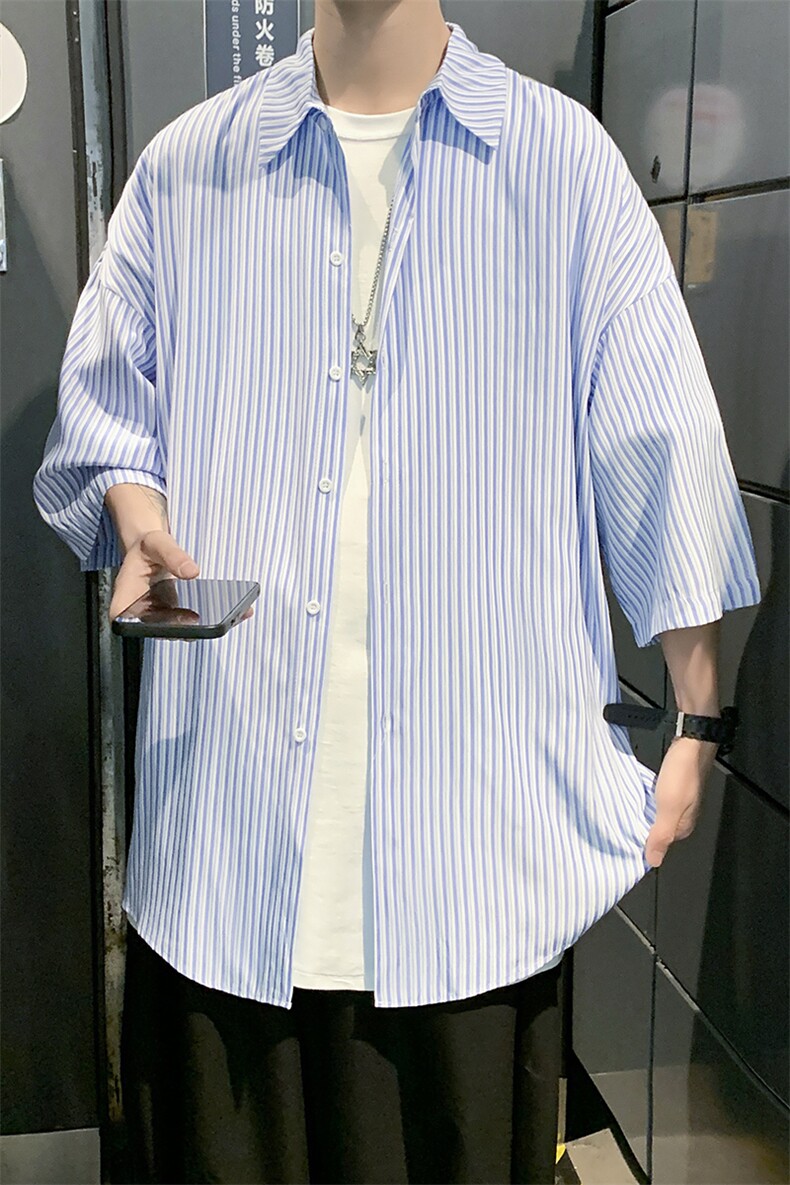 2025男装春夏新款港风条纹短袖衬衫上衣D201-DM93-P40,男装T恤,电商D321-1
