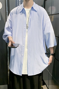 2025男装春夏新款港风条纹短袖衬衫上衣D201-DM93-P40图片