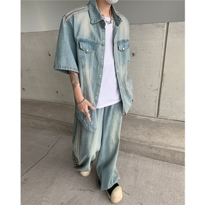新款休闲宽松夏季复古水洗垫肩牛仔外套短袖男百搭图片