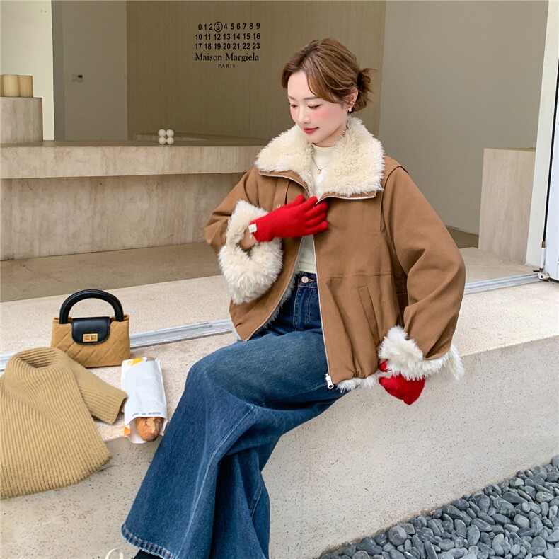 韩版宽松加厚保暖羊羔毛派克服女冬季短款PU皮复古休闲外套,女装棉衣/棉服,维壹