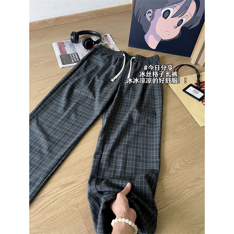 XK468-P35灰色格子裤男夏季薄款慵懒松弛感美式休闲阔腿直筒裤,男装休闲裤,电商A178