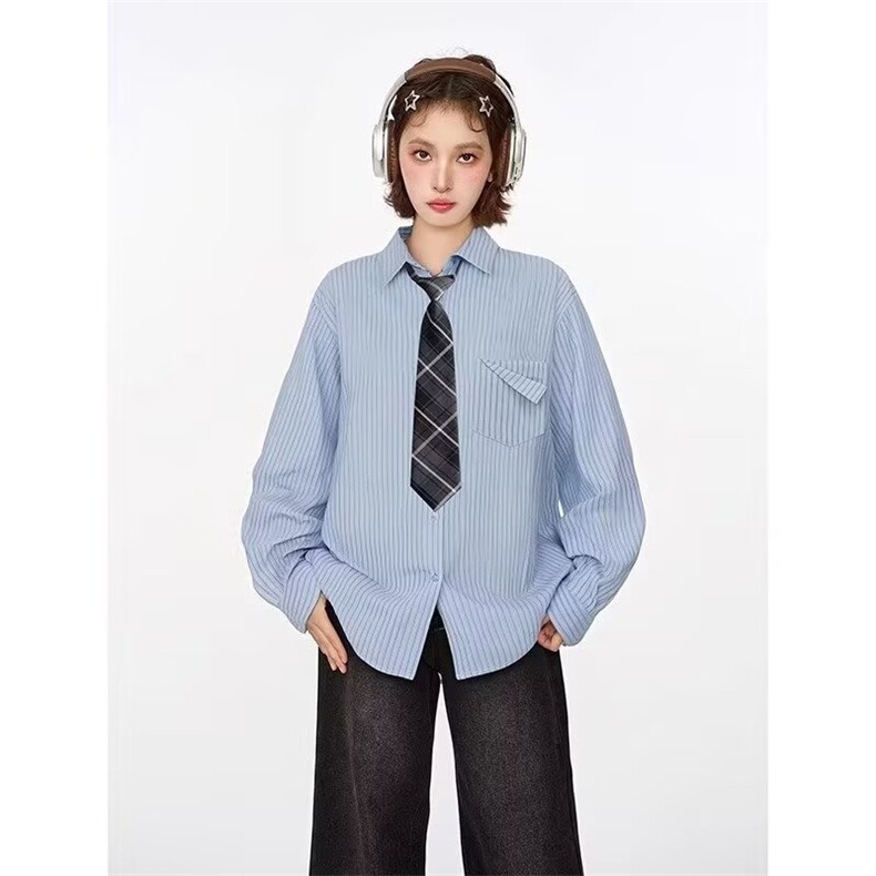 复古宽松条纹长袖衬衫男女百搭高级感日系打底翻领衬衣休闲潮,男装衬衫,星座1210-1
