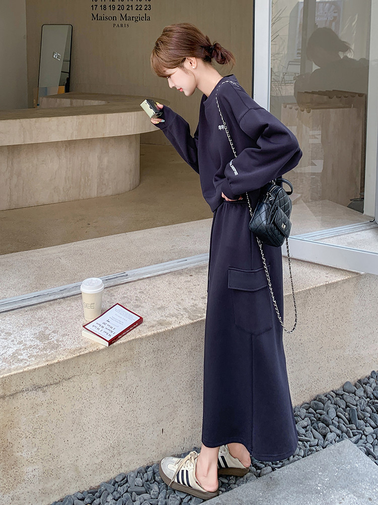 藏青色休闲时尚卫衣套装裙女2025春季新款韩系慵懒风半身裙两件套,女装套装/套裙,C位