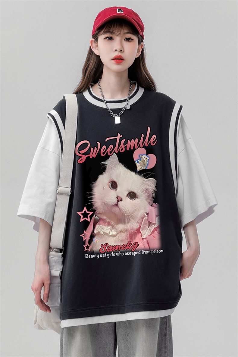 ！夏季时尚可爱小猫印花假两件背心短袖T恤女T6618P40控58,男装背心/马甲,电商A268
