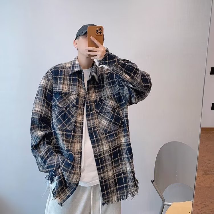 C260-P48日系少年感毛边格子衬衫男春秋新款潮牌百搭内搭宽松,男装T恤,电商B323A