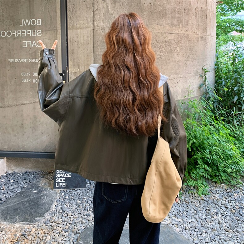 美式复古连帽假两件短款皮衣外套女春秋超火好看高级小众夹克上衣,女装短外套,2C170
