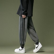 20秋冬新款港风宽松潮流加绒条纹拼接休闲裤男7728-P50，男装休闲裤，电商A059