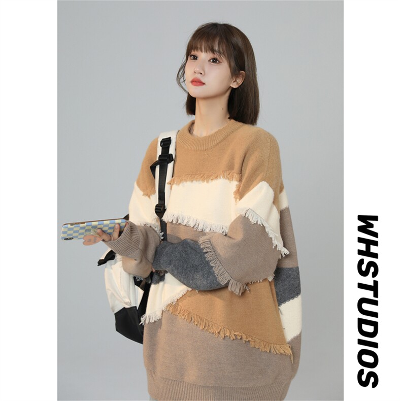 M8165/P75冬季新款韩系复古慵懒?宽松感拼色流苏软糯羊针织毛衣,男装针织衫/毛衣,电商A141