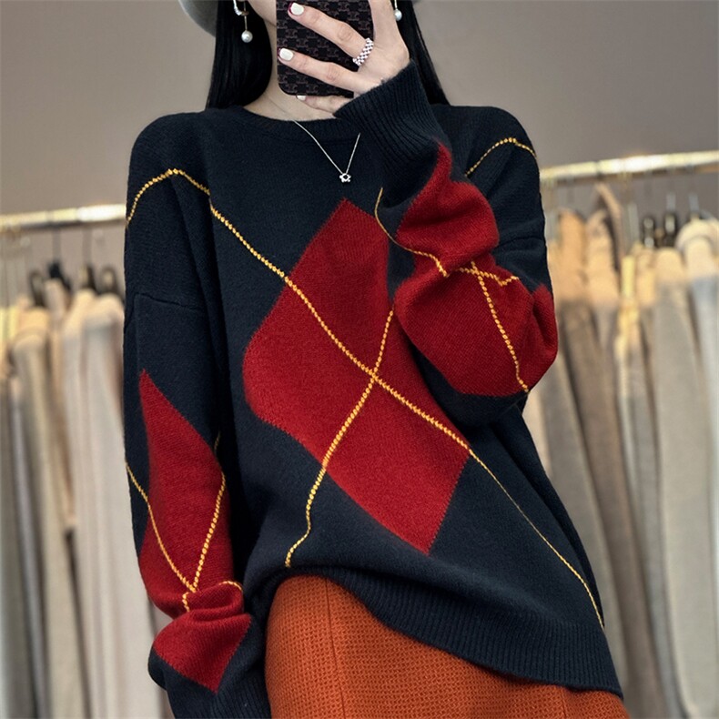 新款菱形图案圆领针织套头上衣时尚百搭,针织衫/毛衣,贝美羊绒