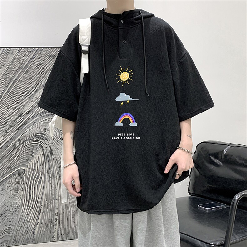 LD54141-P45连帽短袖t恤男大码胖子带帽五分袖中袖大皂风,男装T恤,电商A040