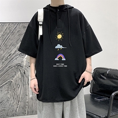LD54141-P45连帽短袖t恤男大码胖子带帽五分袖中袖大皂风，男装T恤，电商A040