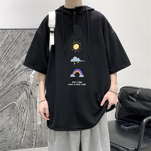 LD54141-P45 连帽短袖t恤男大码胖子带帽五分袖中袖 大皂风图片