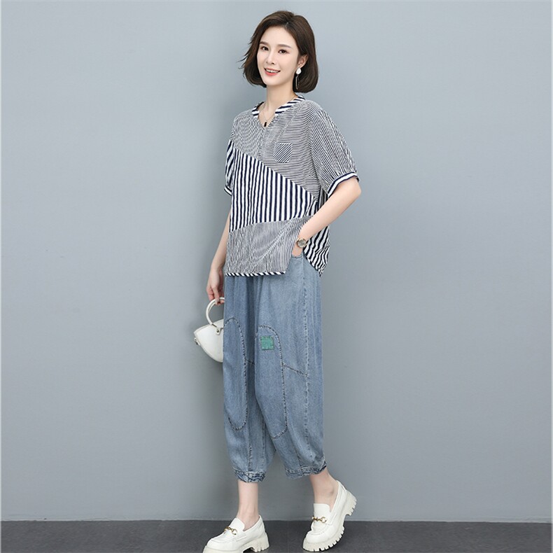 时尚条纹短袖上衣+牛仔阔腿裤套装显瘦百搭休闲两件套,女装套装/套裙,叶笙衣