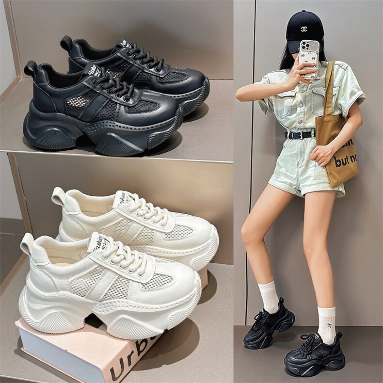 老爹鞋女2024夏款真皮厚底女鞋网面透气休闲轻便运动鞋女小白鞋,女鞋休闲鞋,星座1407-3
