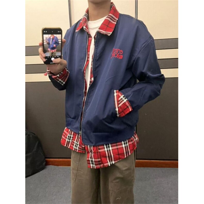 美式复古格子拼接翻领夹克男宽松小众假两件外套常规P59加绒P75图片