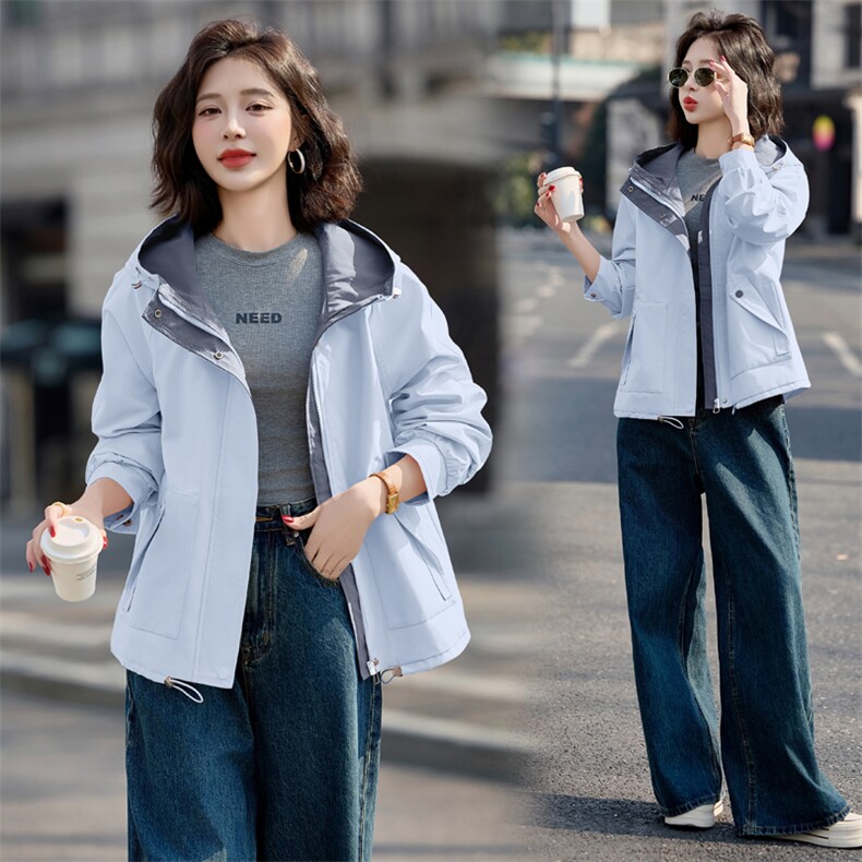 2025春秋新款小个子宽松休闲气质百搭粉色连帽工装冲锋衣外套女,女装短外套,依路服饰