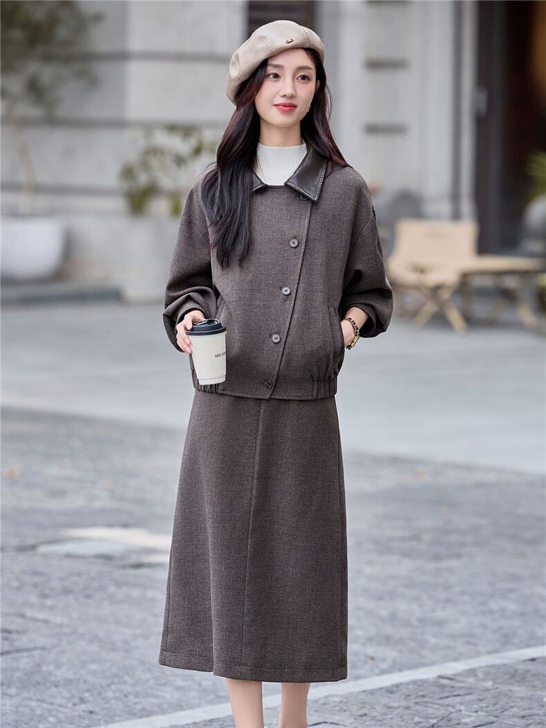 今年流行毛呢气质套装女2025深秋初冬新款翻领短外套半身裙一整套,女装套装/套裙,靓衣阁