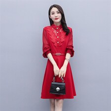 2021春季新款时尚气质立领灯笼袖拼花边连衣裙配腰带，女装连衣裙，岚衣(原川流布茜）