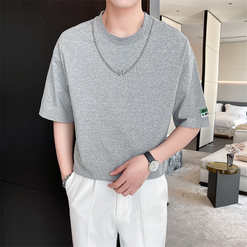 2022磨边工艺休闲宽松纯色圆领短袖T恤男送项链79009-p48控68,男装T恤,电商D303