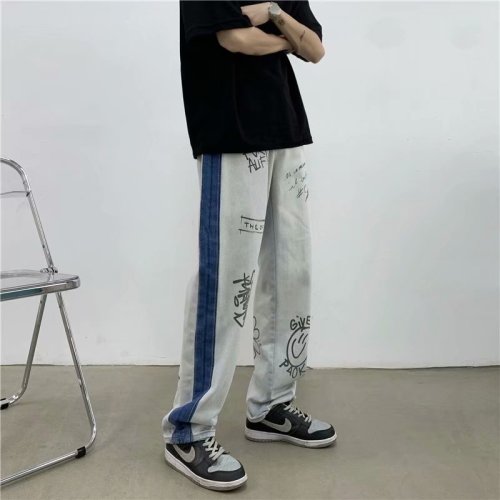 牛仔裤男港风字母印花2021夏季新款ins宽松直筒休闲裤潮K430-P45,男装牛仔裤,星座412-2