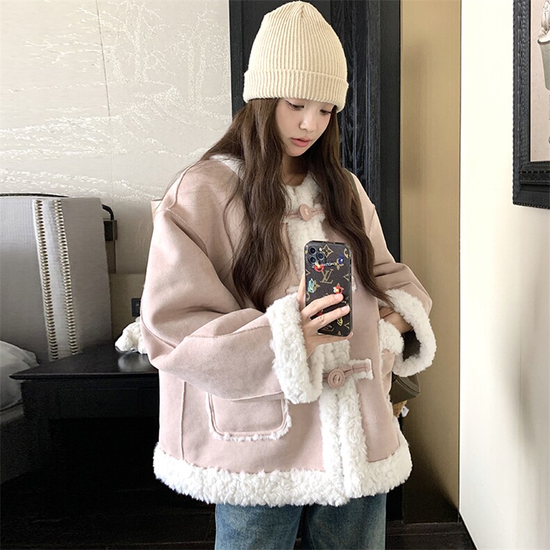 粉色皮毛一体羊羔毛短外套女2024秋冬新款小个子立领加厚保暖棉服,女装短外套,浙宝295A