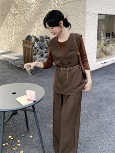 高级轻熟风穿搭咖色马甲套装女2025春秋超火好看阔腿裤气质三件套图片