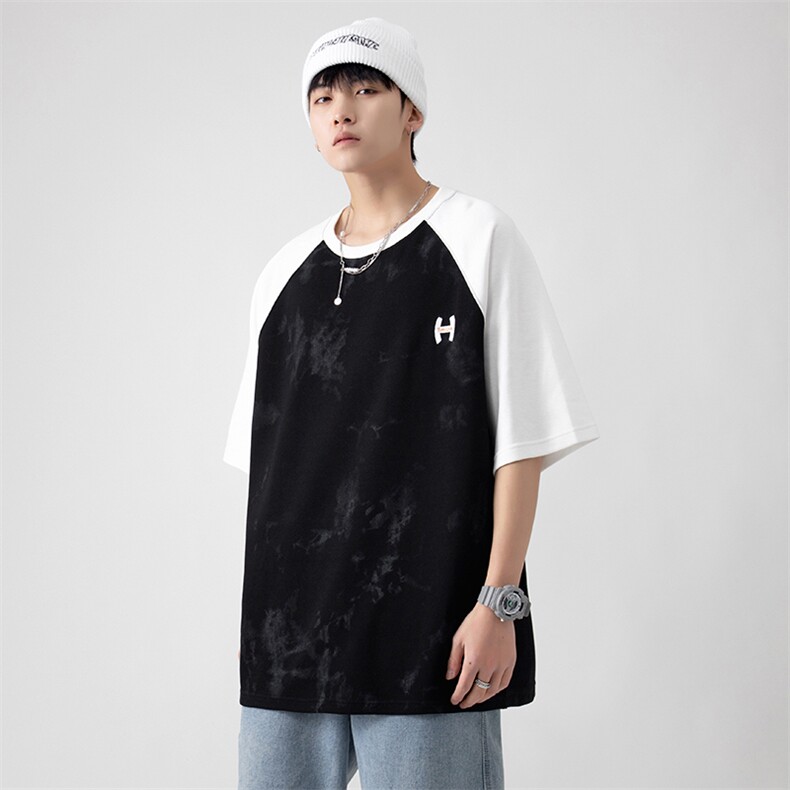 新款夏季短袖珠地面料宽松刺绣印花假两件男士T恤ZDY3414-P50,男装T恤,星座717