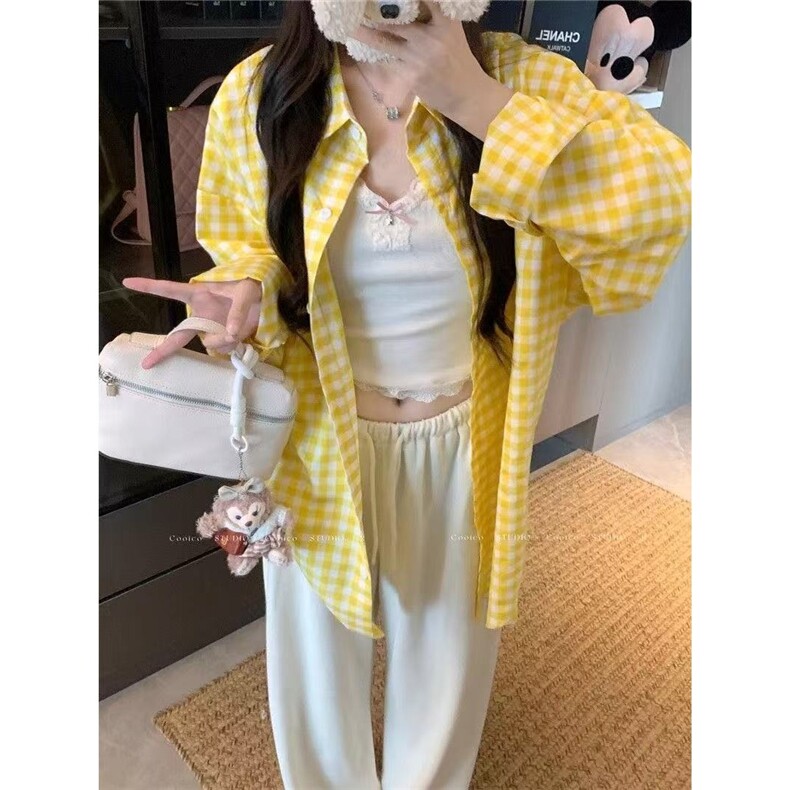 港风格子撞色polo领纽扣衬衫女夏季宽松显瘦慵懒风叠穿防晒上衣潮,男装防晒衣,星座506A