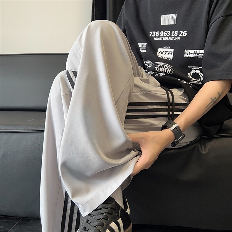 三条杠运动裤子男生春秋季垂感条纹阔腿裤青少年潮牌宽松直筒长裤图片