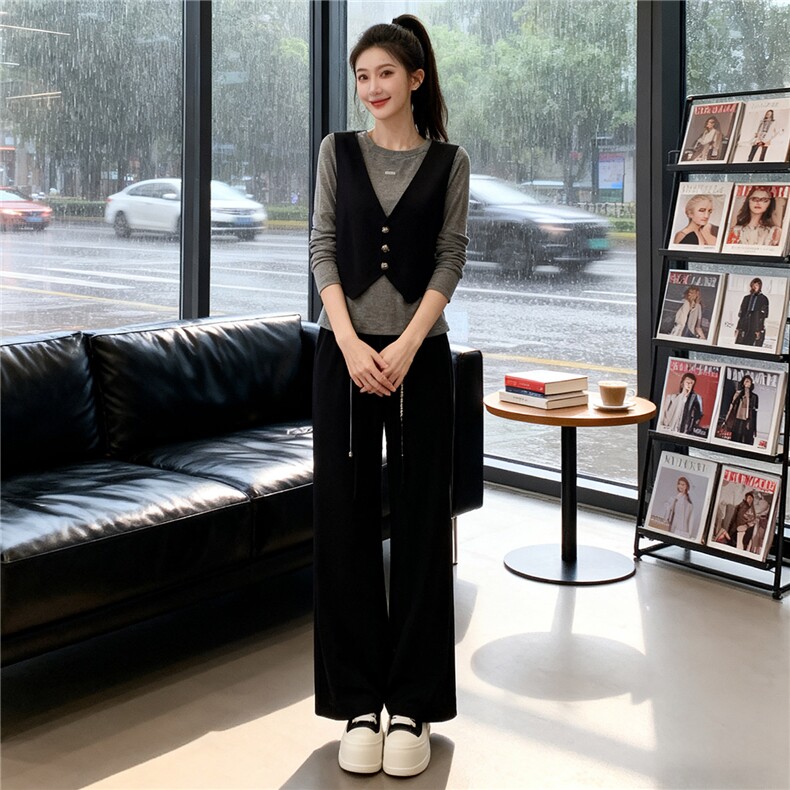 韩版时尚休闲套装女秋季新款马甲假两件长袖上衣宽松阔腿裤两件套,女装套装/套裙,江南