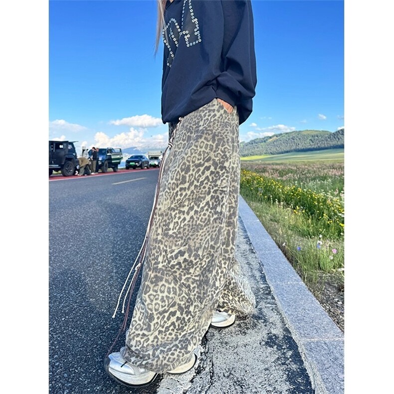 NECOYEP美式复古豹纹弯刀阔腿裤男女宽松休闲慵懒直筒拖地长裤,女装休闲裤,星座1210-1