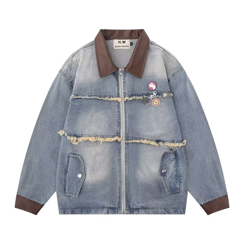 复古不规则毛边拼接翻领牛仔外套男春秋季美式宽松潮牌复古夹克女，男装工装外套，星座516A