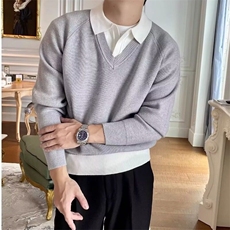 S608复古休闲假两件毛衣男个性翻领拼接POLO衫韩版宽松撞色针织衫，男装针织衫/毛衣，星座308A-1（原309B-1）