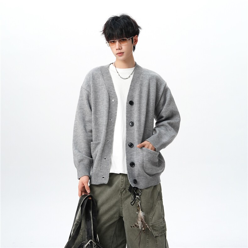 8XL-M大码V领开衫毛衣外套男日系复古宽松慵懒风针织衫KS002p55图片