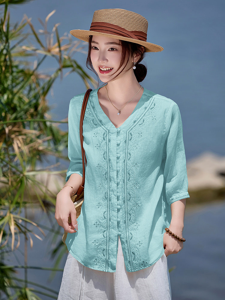 轻薄舒适刺绣苎麻衬衫女夏2025新款宽松显瘦气质V领中袖小衫上衣,女装衬衫,余墨