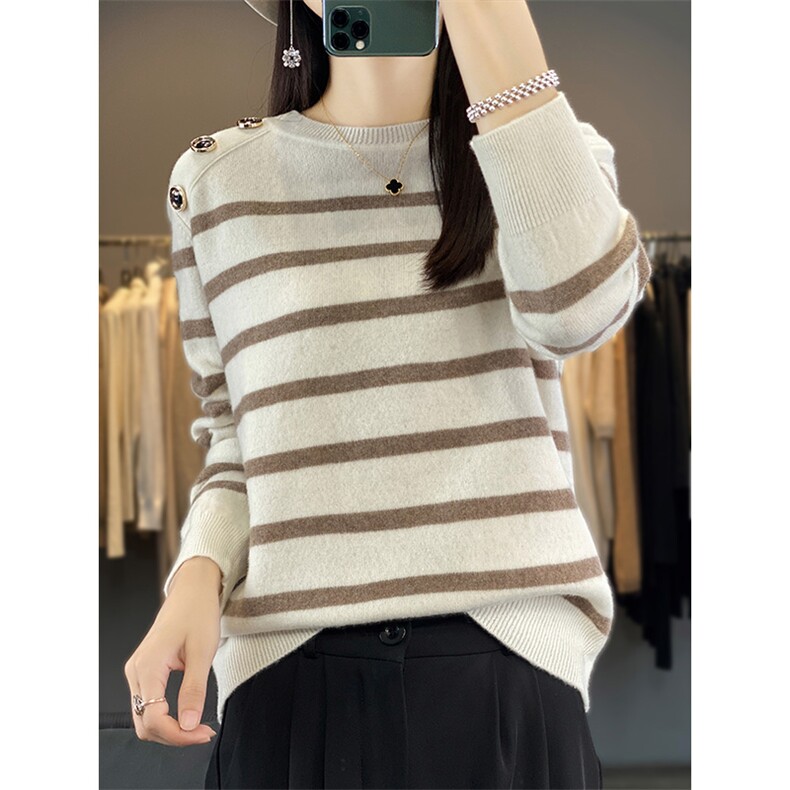 新款时尚撞色条纹小香风钉珠圆领羊毛衫女秋冬新款宽松显瘦,女装羊毛衫,佑昭祥羊绒
