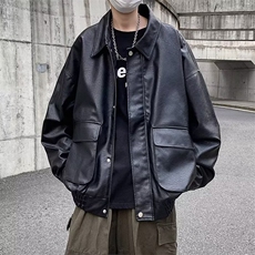 机车皮衣外套男潮ins高街痞帅翻领上衣秋季宽松潮牌夹克PU906/P75，男装夹克，星座506