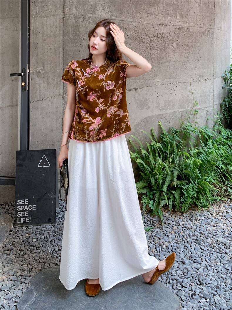 金丝绒碎花新中式国风上衣阔腿裤套装女夏大方得体两件套巨好看,女装套装/套裙,蝶眷