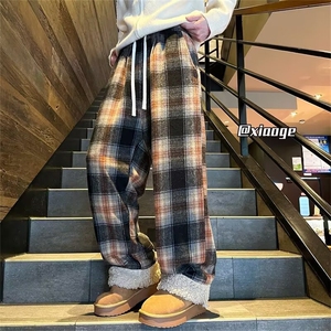 格子裤男女秋冬季2025新款高腰宽松慵懒直筒休闲加绒阔腿裤子图片