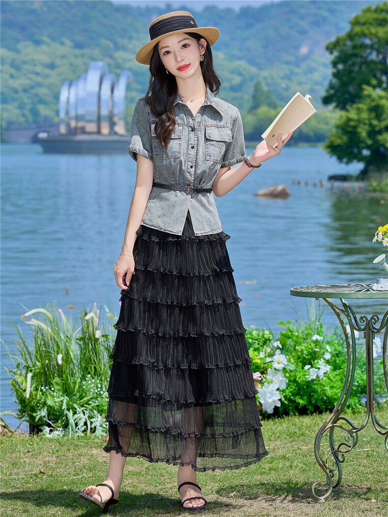 （新款现货）2026夏时尚薄牛仔短袖上衣+蛋糕纱裙两件套（配腰带,女装套装/套裙,印象茜