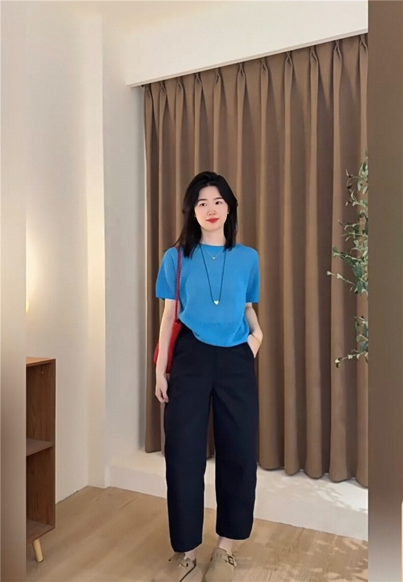 新款透气圆领正肩显瘦短袖针织衫,女装T恤,湘姗
