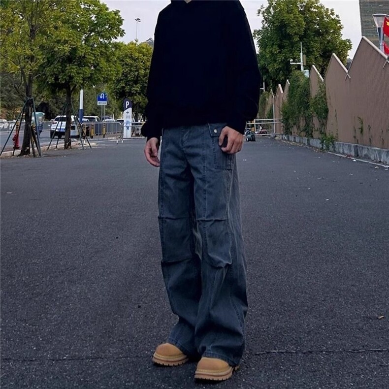 美式复古工装长裤男女春秋高街潮牌宽松休闲直筒多口袋水洗牛仔裤,男装牛仔裤,星座506A