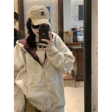 重工格子拼接连帽卫衣外套男女连帽卫衣小众设计感情侣高街帽衫，女装短外套，星座601-1