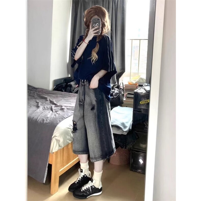 D5553-P45破洞牛仔短裤男女撞色网红超火炸街六分裤-网图现货,男装牛仔裤,星座603-2