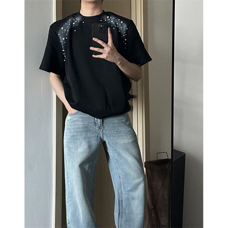 高级感喷绘珍珠男士个性圆领t恤夏季短袖cleanfit五分袖 T5810图片