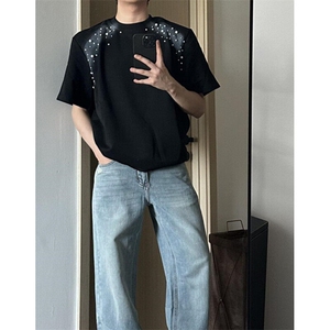高级感喷绘珍珠男士个性圆领t恤夏季短袖cleanfit五分袖 T5810图片
