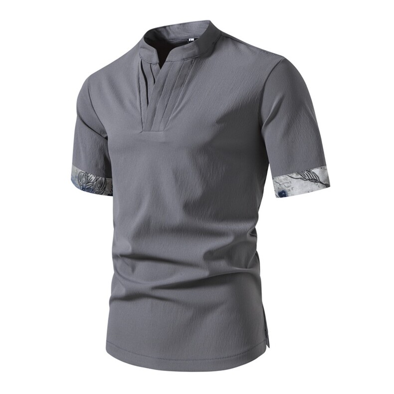 新款男士盘扣休闲短袖立领拼色衬衣M305，男装T恤，星座1502-1