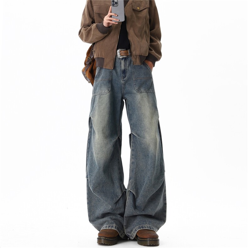 【现货】XZ612-N1607-特P50春款美式宽松褶皱牛仔裤水洗工装裤，男装牛仔裤，星座612