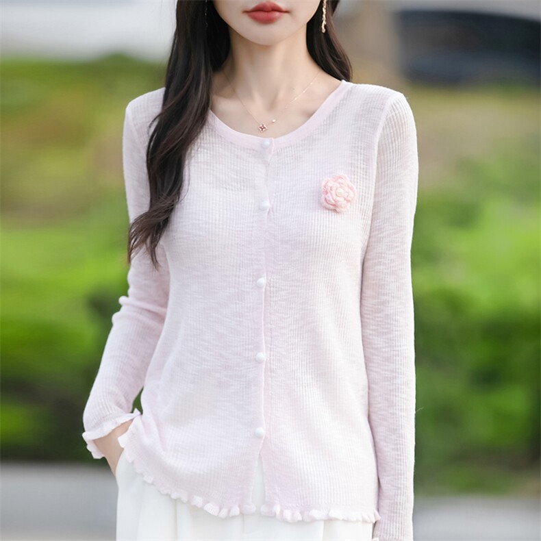 圆领竹节麻针织开衫女夏季新款上衣外搭空调防晒衫洋气木耳边外套,女装防晒衣,佳绒包芯纱店